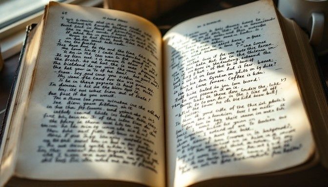 Open book filled with handwritten annotations across both pages