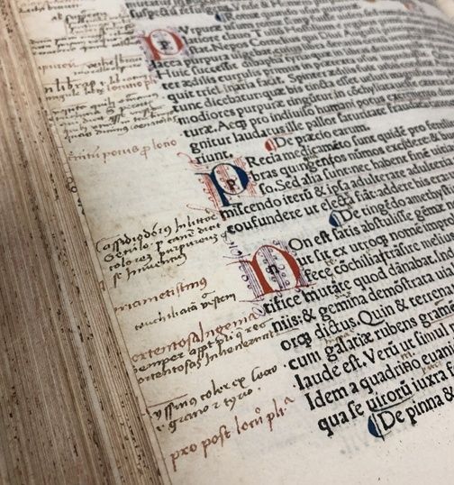 Open medieval book page with handwritten marginal notes and ornate initials